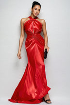 Maris Backless Satin Woven Draped Maxi Dress