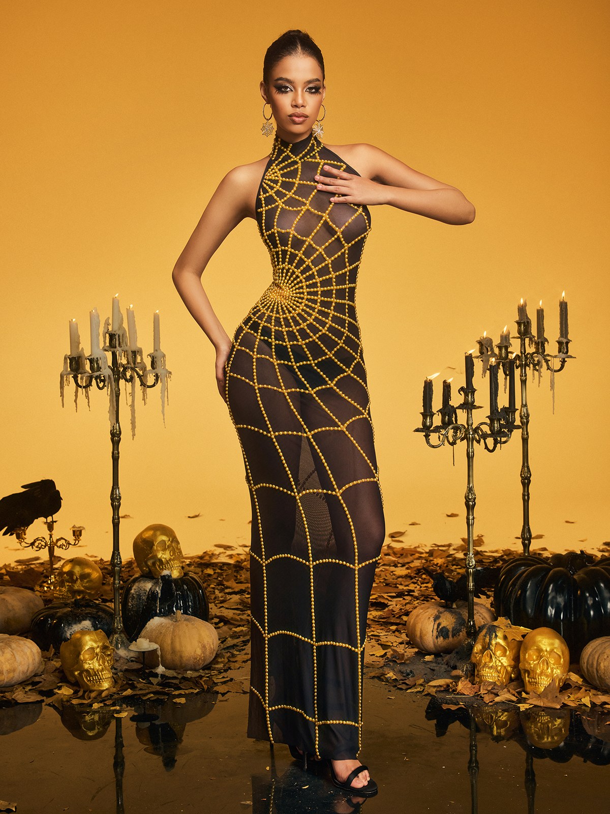 High Neck Cobweb Pearl Maxi Dress In Gold