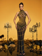 High Neck Cobweb Pearl Maxi Dress In Gold