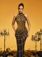 High Neck Cobweb Pearl Maxi Dress In Gold