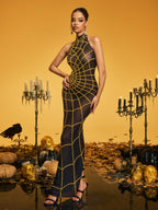 High Neck Cobweb Pearl Maxi Dress In Gold