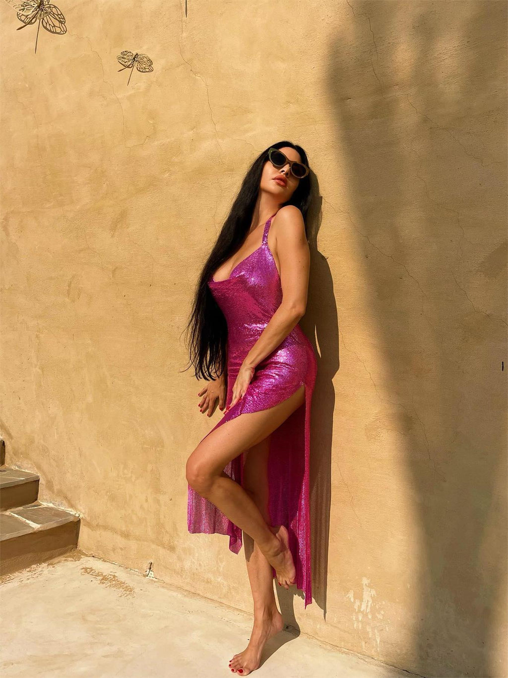 Kalani Metal Mesh Maxi Dress In Hot Pink