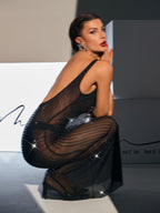 Backless Embellished Mesh Maxi Dress In Black