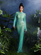 Diamond Mesh Maxi Dress In Green