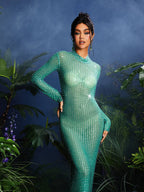 Diamond Mesh Maxi Dress In Green