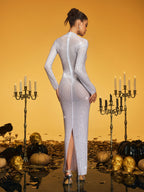 Diamond Mesh Maxi Dress In Silver