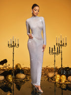 Diamond Mesh Maxi Dress In Silver
