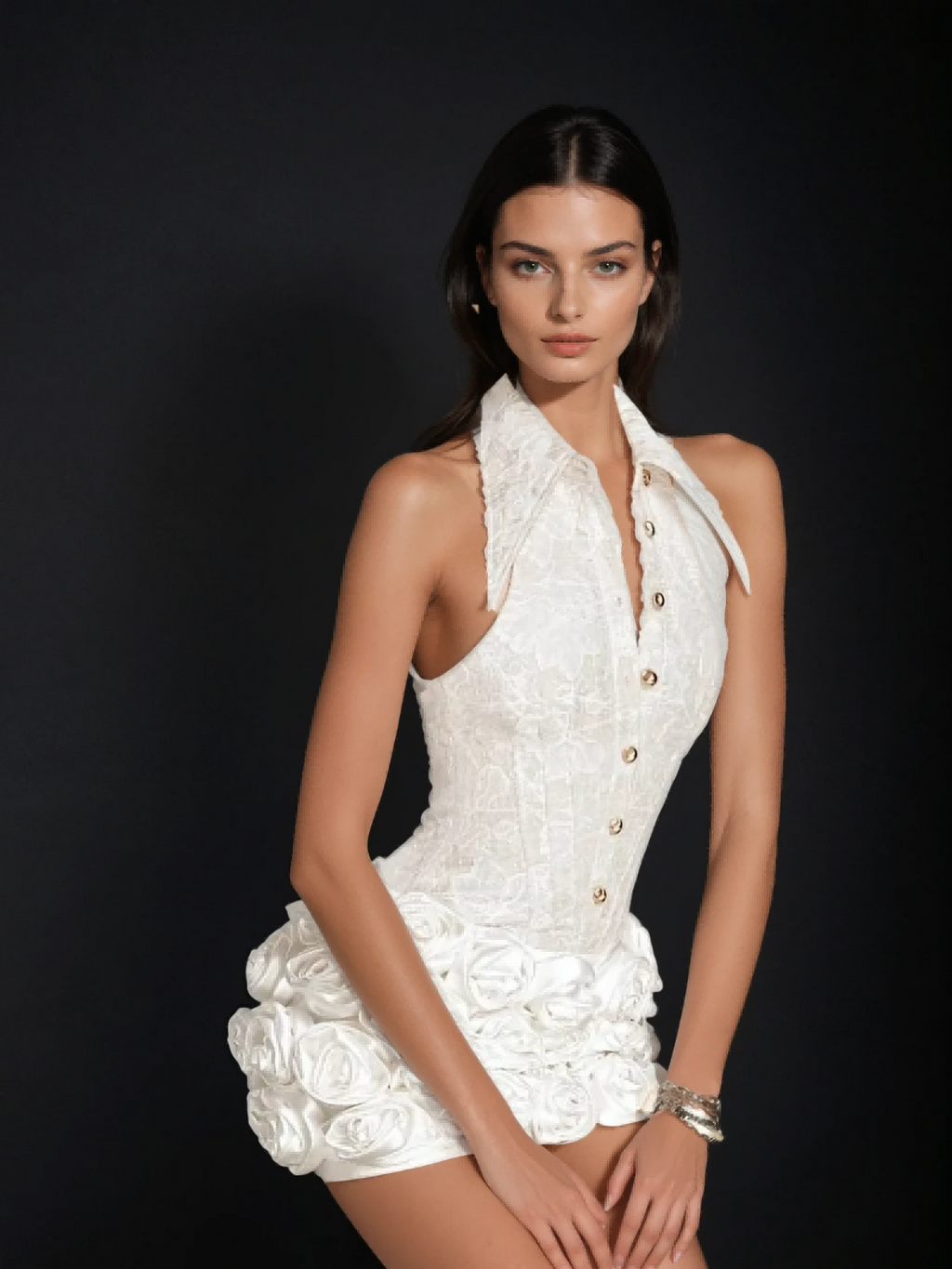 Folded Collar Flower Mini Dress