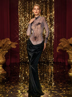 High Neck Spider Velvet Maxi Dress