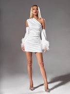 Klara Satin Feather Trimmed Mini Dress In White