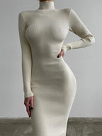 Knitted White Turtleneck Elegant Fashion Midi Bodycon Dress