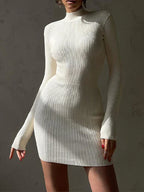 Knitted White Turtleneck Elegant Fashion Midi Bodycon Dress