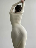 Knitted White Turtleneck Elegant Fashion Midi Bodycon Dress