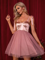 Knot Shoulder Backless Contrast Mesh Velvet Dress
