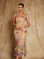 Halterneck Flower Embroidered Midi Dress