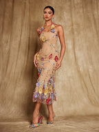 Halterneck Flower Embroidered Midi Dress