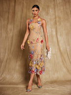 Halterneck Flower Embroidered Midi Dress