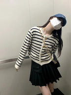 Fashion White Black Striped Knitted Female Winter Short Long Sleeve Cardigan