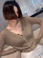 Silk Pearl Button V-neck Cardigan