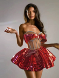 Crystal Metallic Skirt Set In Red