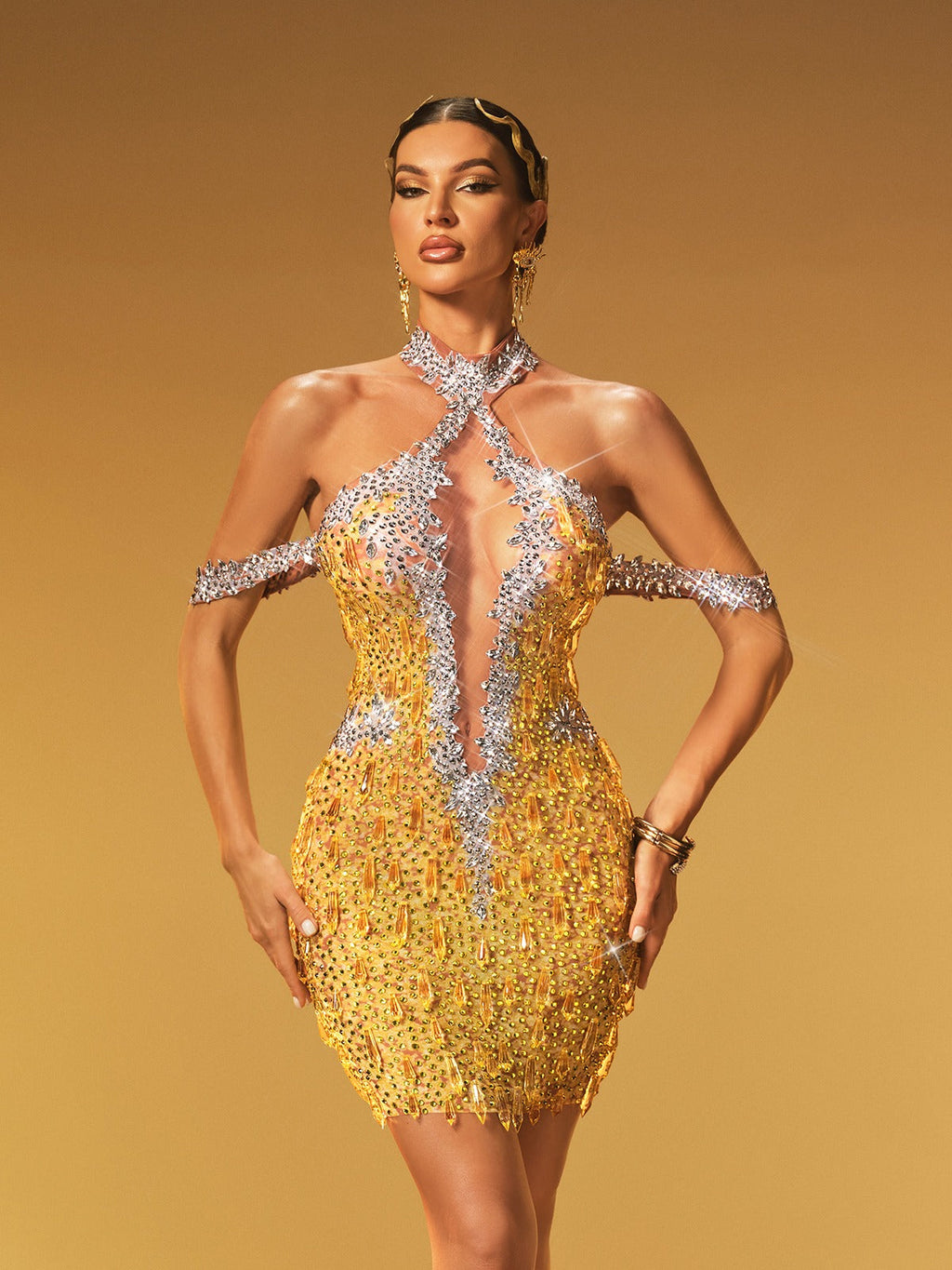 Halterneck Crystal Mesh Mini Dress In Chartreuse