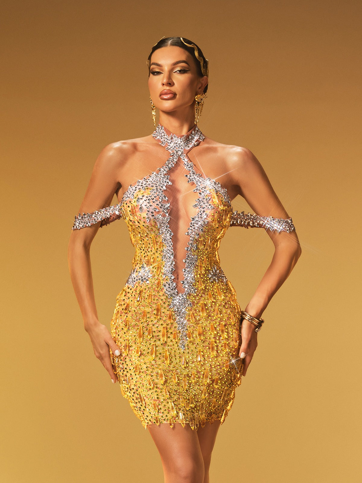 Halterneck Crystal Mesh Mini Dress In Chartreuse