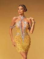 Halterneck Crystal Mesh Mini Dress In Chartreuse