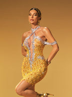 Halterneck Crystal Mesh Mini Dress In Chartreuse