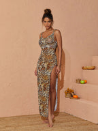 Kyoko Mesh Split Maxi Dress In Leopard