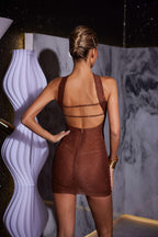 Backless Crystal Mini Dress In Brown