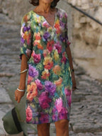 Leila Chic Floral Print V Neck Dress Evening Wear Edit