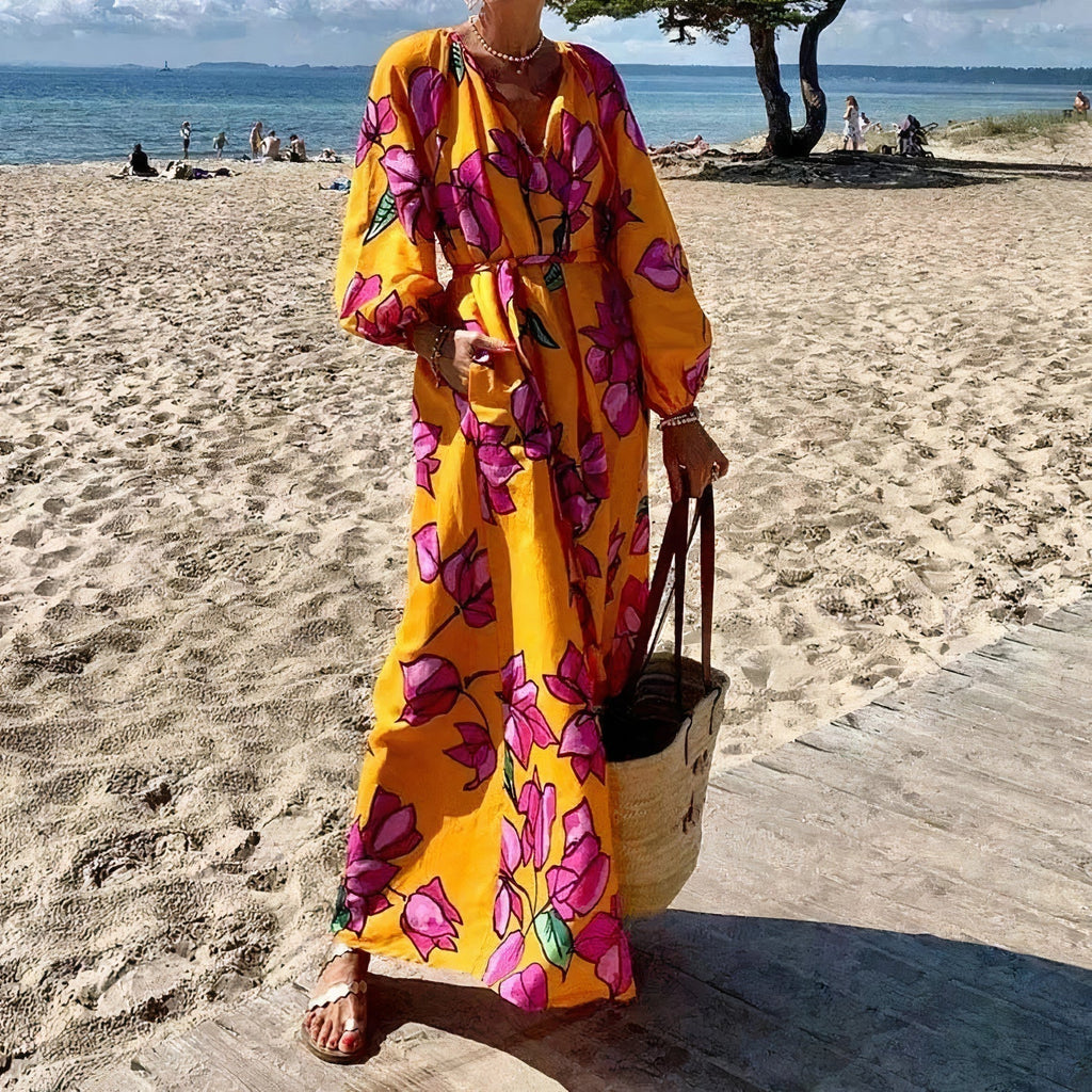 Tamar Elevated Deep V Neck Maxi Dress with Floral Print Designer Edit
