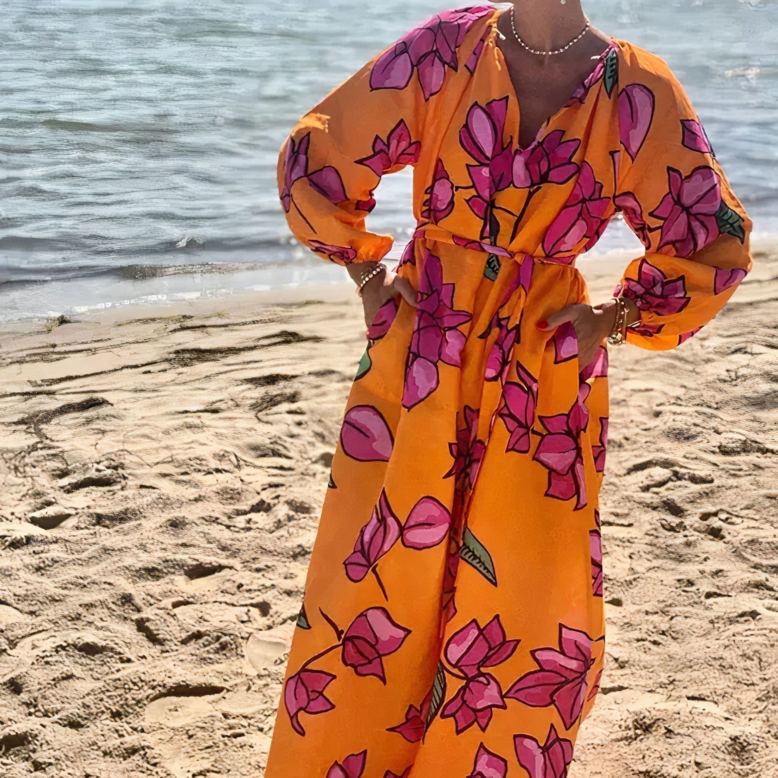 Tamar Elevated Deep V Neck Maxi Dress with Floral Print Designer Edit