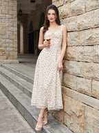 Lace Spliced Tie Front Floral Print Maxi Dress