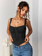 Lace Trim Ruched Bust Tie Front Tank Top