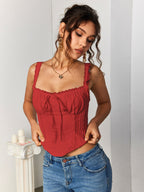 Lace Trim Ruched Bust Tie Front Tank Top
