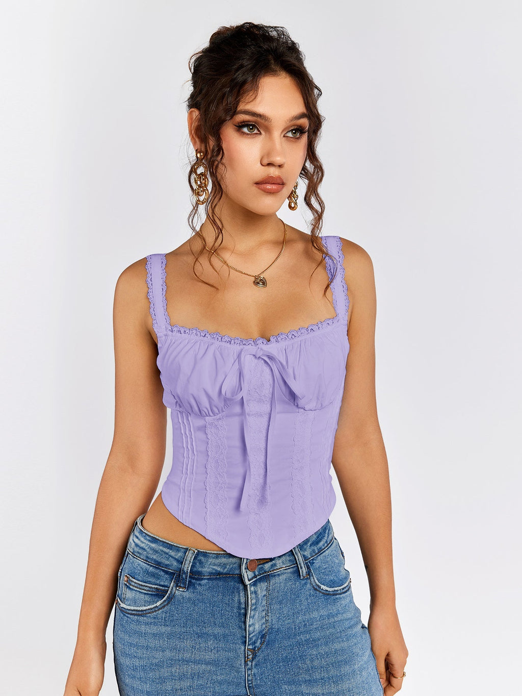 Lace Trim Ruched Bust Tie Front Tank Top