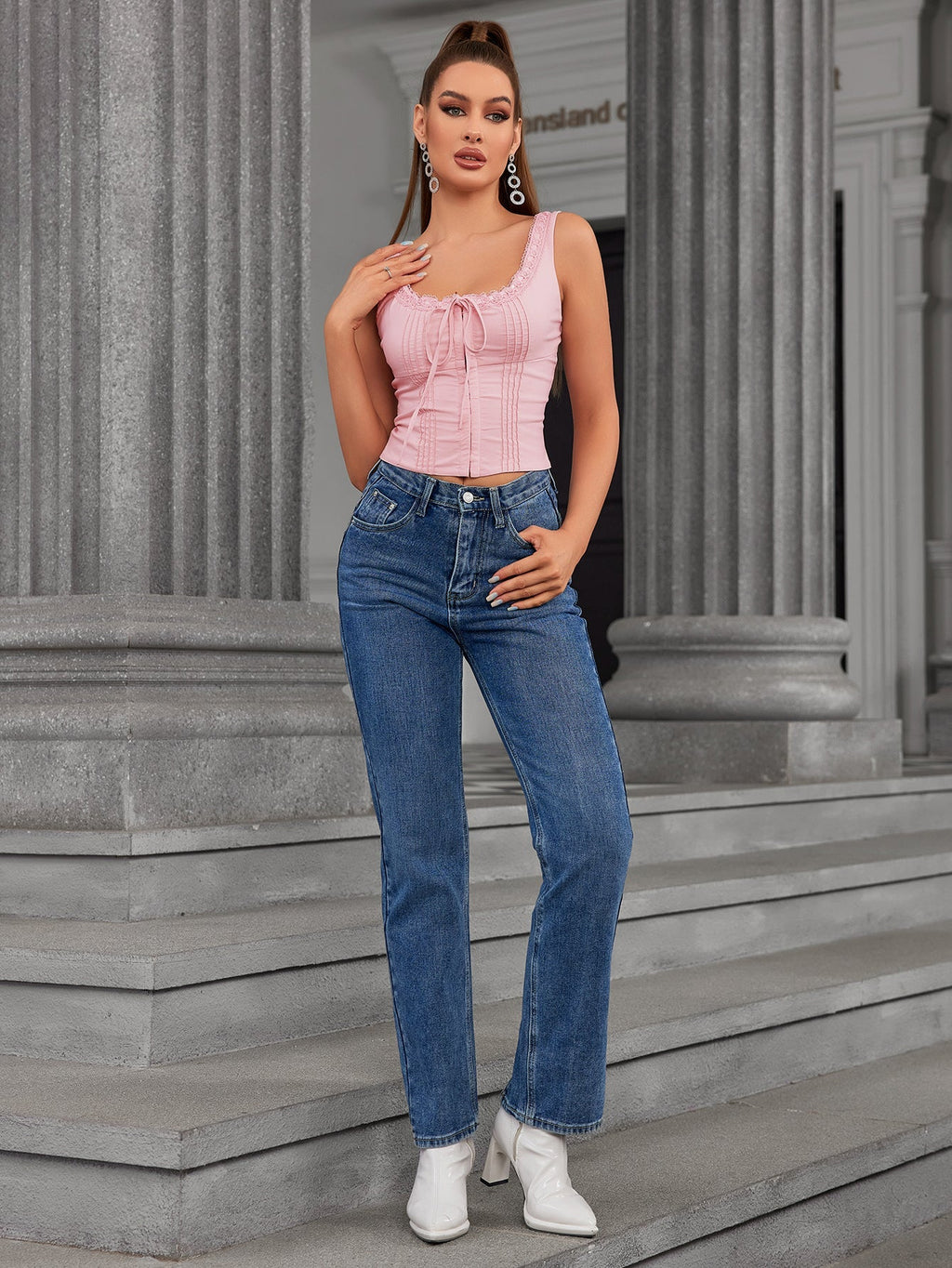 Lace Trim Tie Front Pleat Tank Top