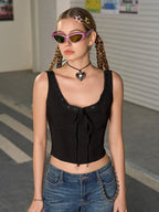 Lace Trim Tie Front Pleat Tank Top
