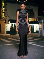 High Neck Rhinestone Maxi Dress