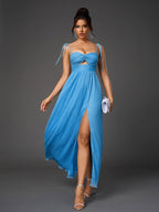 Lacing Strap Cut Out Glitter Maxi Dress