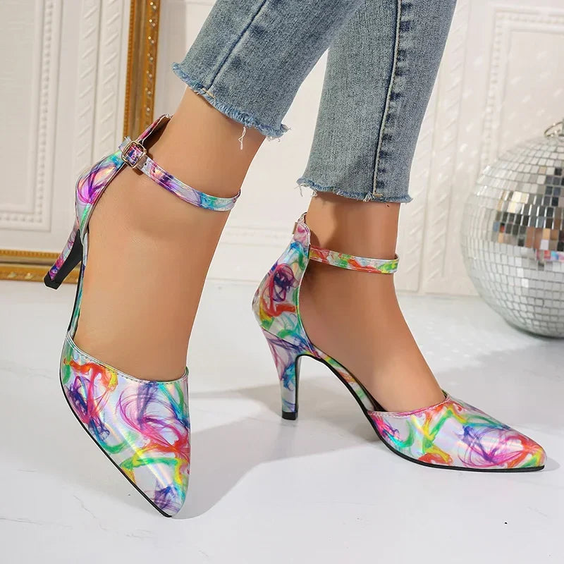 Fashion Ankle Strap Spring Pointed Toe Mixed Colors Buckle Dress High Heel