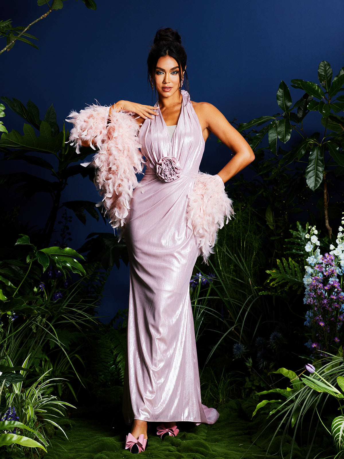 Halterneck Flower Maxi Dress With Shrug
