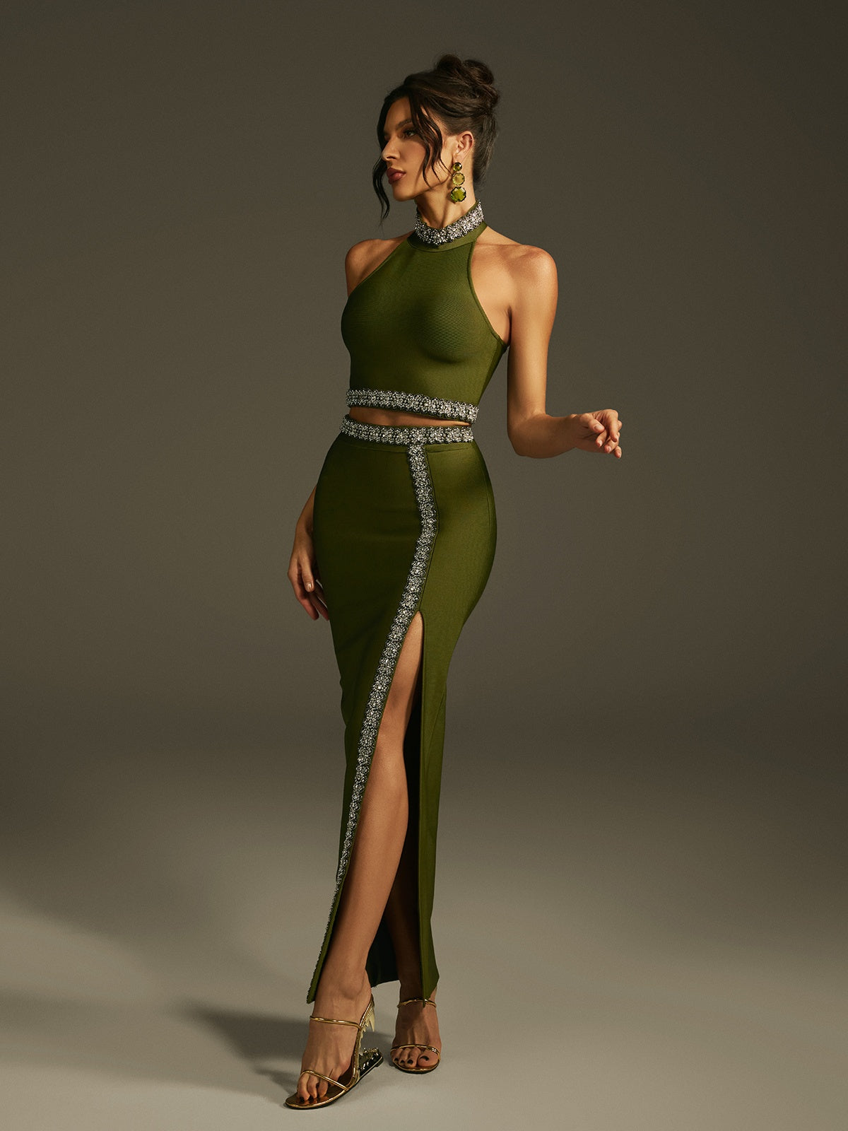 Halterneck Crystal Bandage Skirt Set