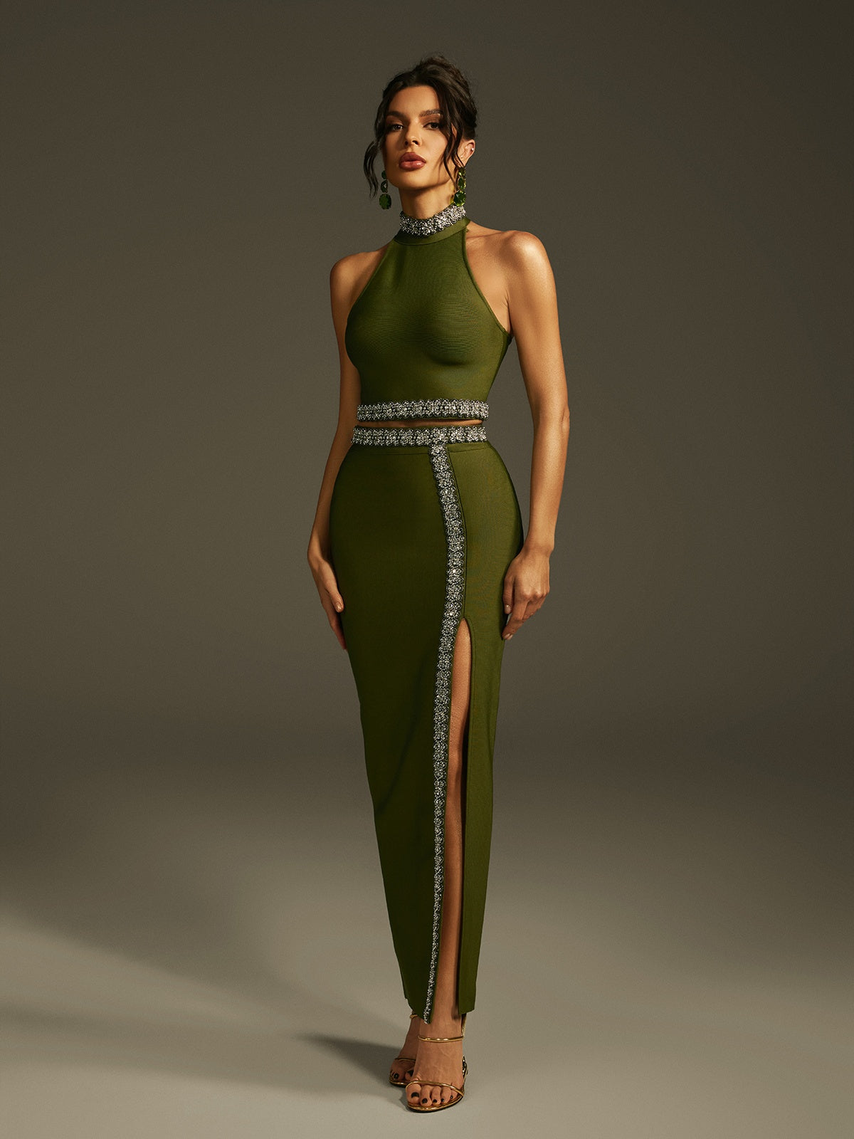 Halterneck Crystal Bandage Skirt Set