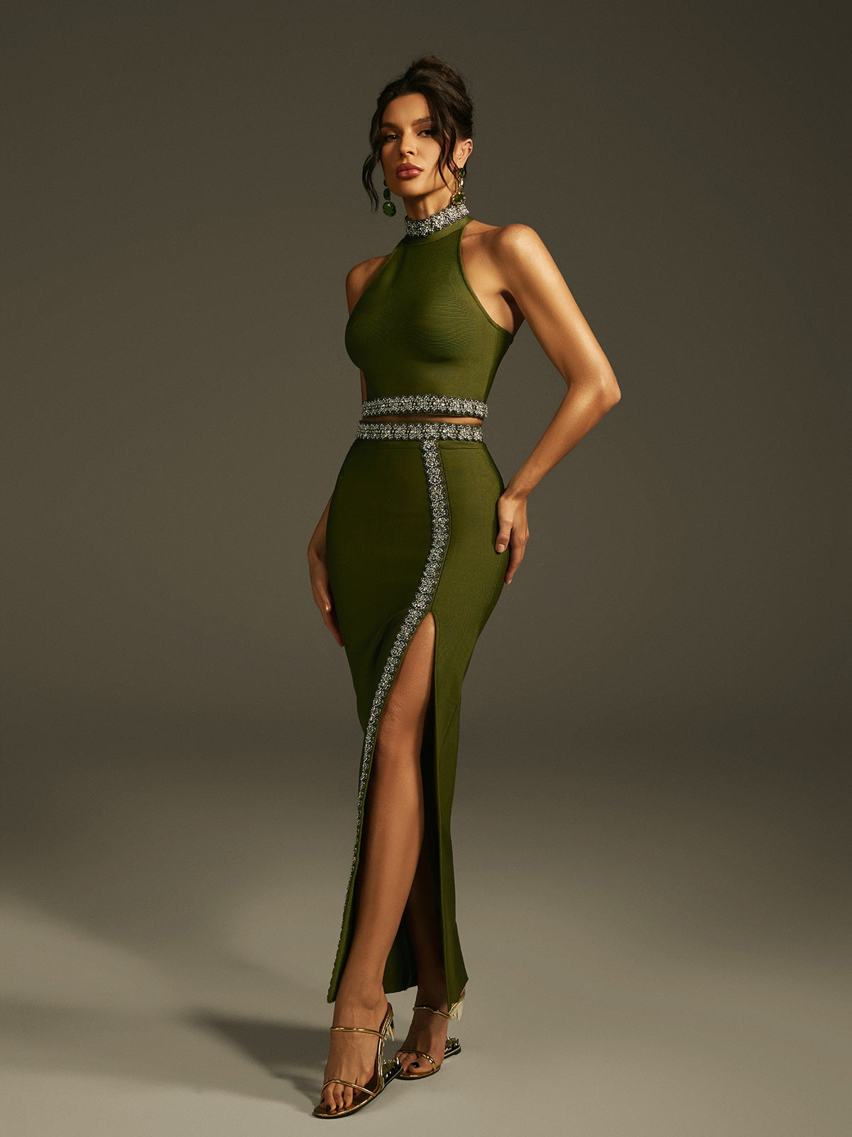 Halterneck Crystal Bandage Skirt Set
