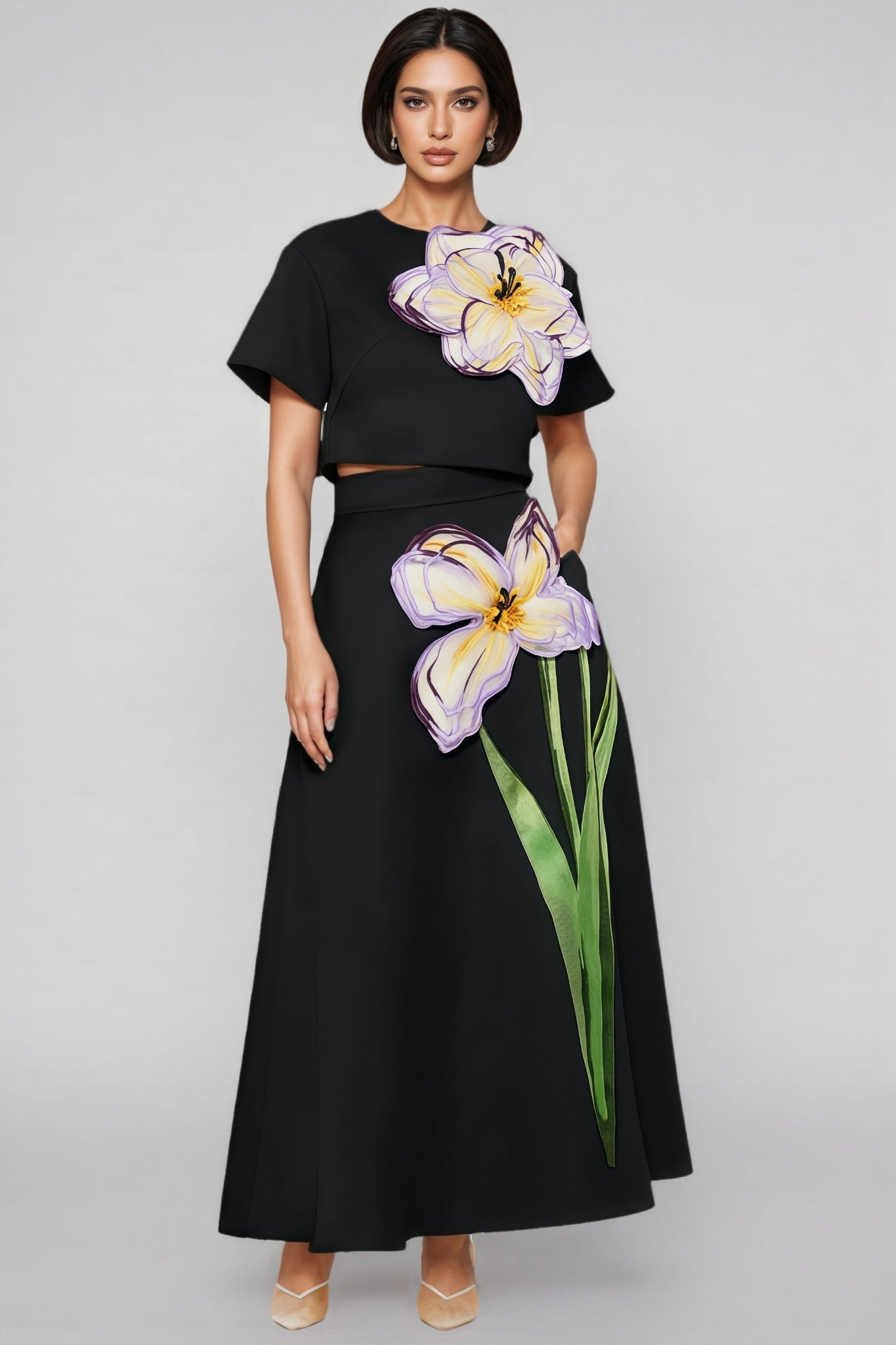 Ilany Black 3D Floral Maxi Dress Set