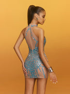 Halterneck Rhinestone Mini Dress In Blue