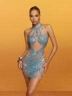 Halterneck Rhinestone Mini Dress In Blue