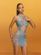 Halterneck Rhinestone Mini Dress In Blue